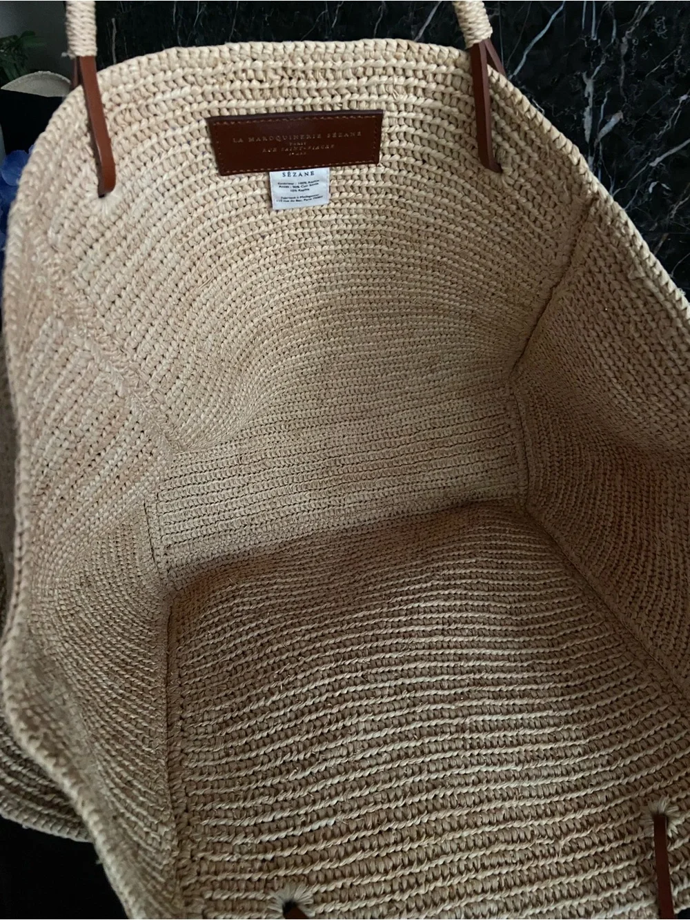 Sézane Natural Woven Straw Tote with Brown Leather Handles